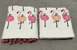 Casaba Kitchen Towel Set of 2 Flamingo Pumpkin Halloween Autumn Pom Pom